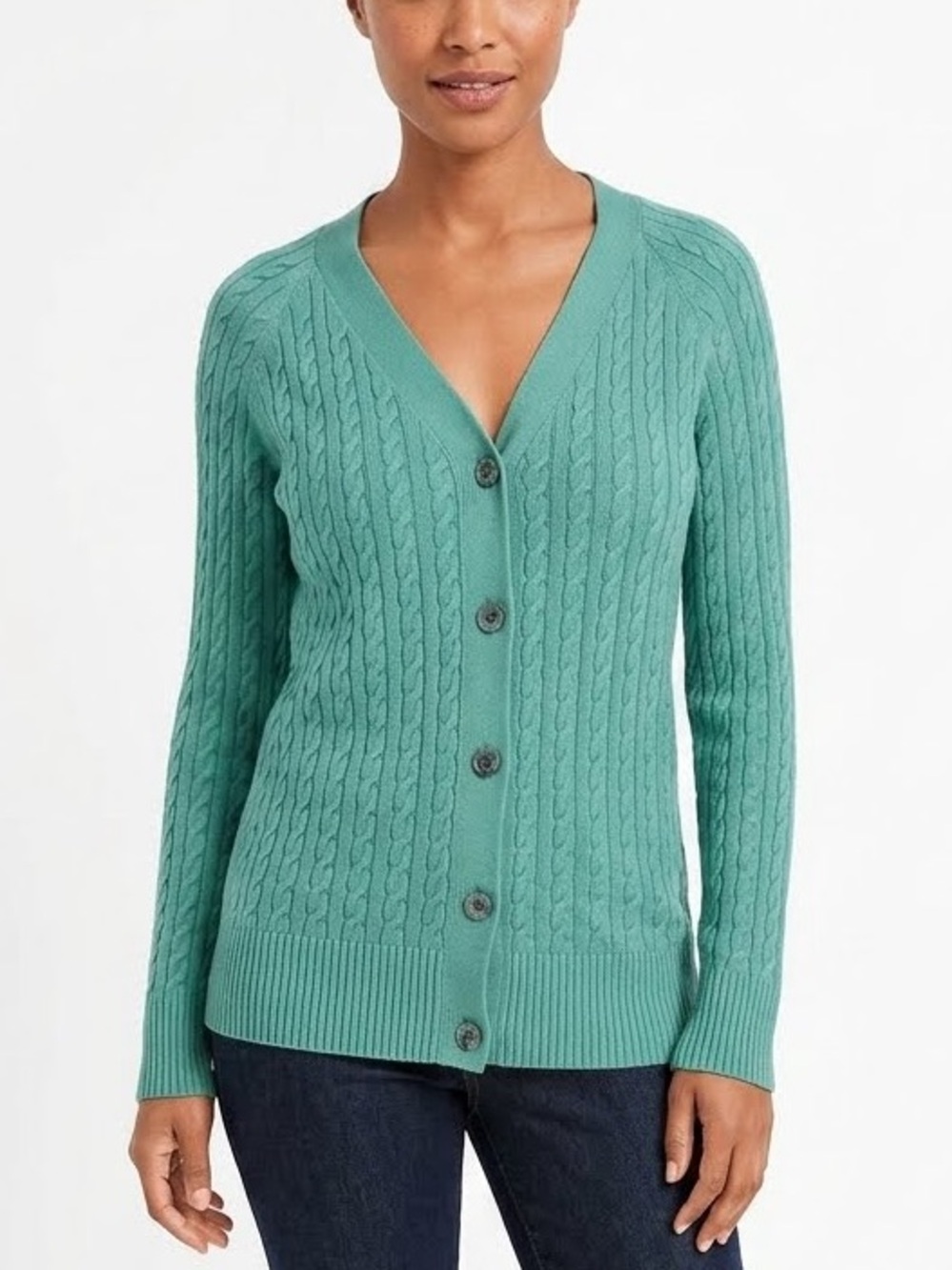 Talbots Teal Cable Knit V-Neck Button Cardigan